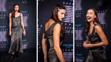 Foto kolase Irina Shayk saat menghadiri Rihanna's Savage X Fenty Show Vol. 4 disajikan oleh Prime Video di Simi Valley, California; dan disiarkan pada 9 November 2022. (Matt Winkelmeyer/Getty Images/AFP)