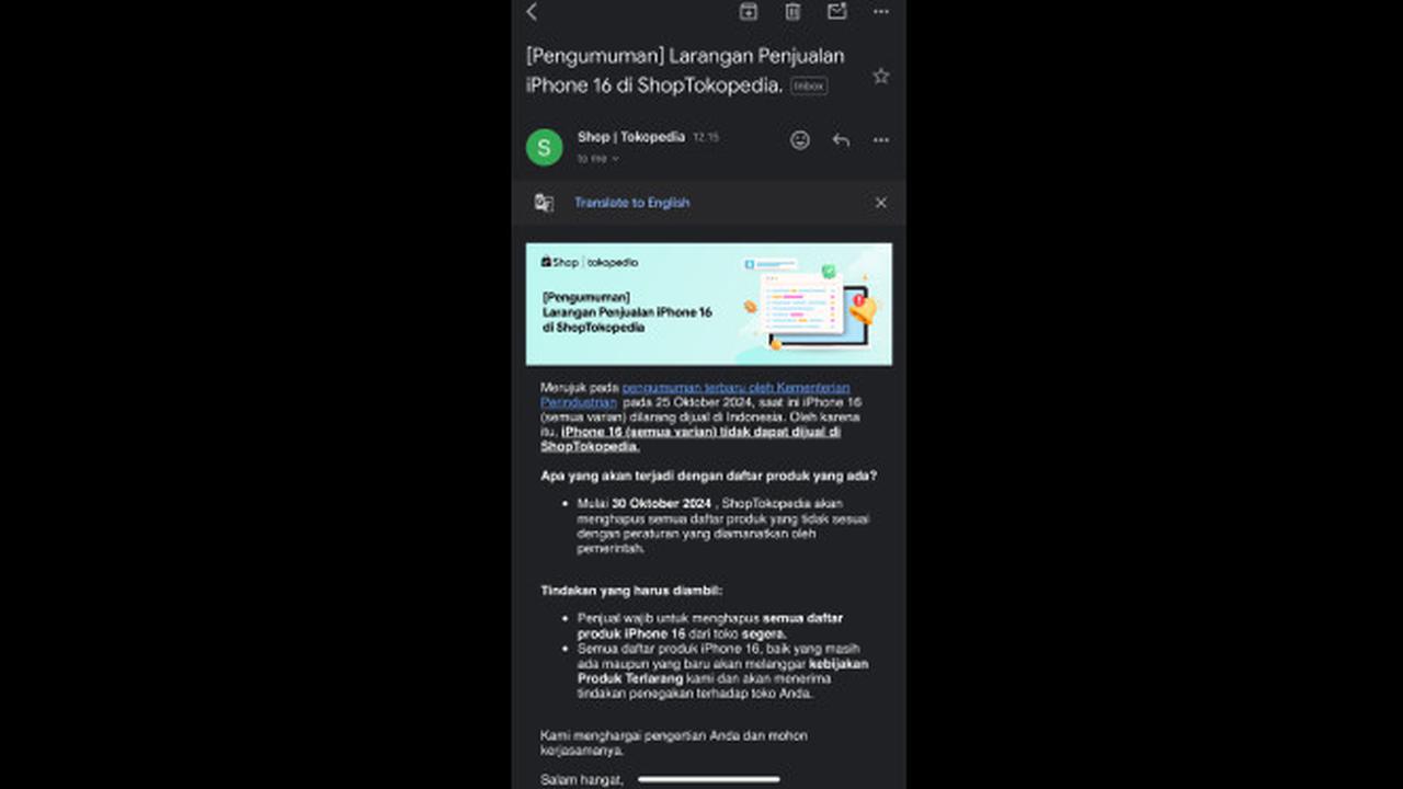 Surat pengumuman Tokopedia yang melarang seller menjual iPhone 16