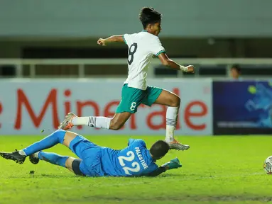 Timnas Indonesia U-17 sukses memetik kemenangan ketiga pada kualifikasi Piala Asia U-17. Palestina menjadi korban teranyar Arkhan Kaka dan kawan-kawan yang takluk dengan skor 0-2 di Stadion Pakansari, Bogor, Jumat (7/10/2022). Masih memimpin klasemen dengan poin 9, Timnas Indonesia U-17 mempunyai peluang lebih besar untuk lolos langsung ke Piala Asia U-17 2023 dibandingkan Malaysia yang baru mengoleksi 7 poin. Keduanya akan bertemu pada laga pamungkas grup. (Bola.com/M Iqbal Ichsan)
