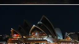 Foto kombinasi menunjukkan Gedung Opera Sydney terlihat sebelum (atas) dan selama Earth Hour (bawah) di Sydney (27/3/2021). (AFP/Steven Saphore)