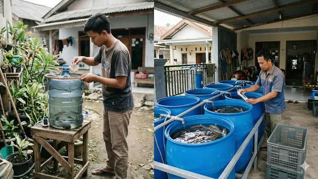 Perbandingan Ternak Lele dalam Galon vs Drum di Lahan Sempit (Foto: Gemini AI)