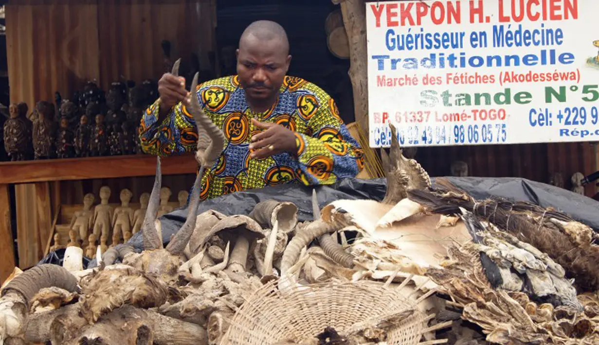 Lucien Yekpon, seorang dukun Lome berdiri di depan lapak dagangannya di pasar jimat Akodessewa di Togo, Afrika, 5 Agustus 2015. Pasar ini menjual berbagai benda-benda klenik dan juga peralatan sihir. (AFP PHOTO/EMILE KOUTON) 