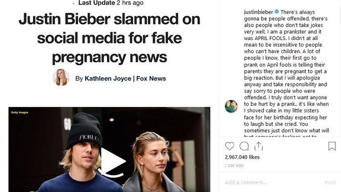 prank kehamilan hailey baldwin bikin resah, justin bieber minta maaf