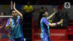 Reaksi pebulu tangkis ganda putra Indonesia Fajar Alfian/Muhammad Rian usai mengalahkan pebulu tangkis ganda putra Taiwan Chang Ko Chi/Po Li Wei pada babak 16 besar turnamen Daihatsu Indonesia Masters 2023 di Istora Senayan, Jakarta, Kamis (26/1/2023). Fajar/Rian mengalahkan Chang Ko Chi/Po Li Wei dengan skor 13-21, 21-9, dan 21-14. (Liputan6.com/Herman Zakharia)