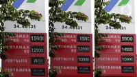 Foto kombinasi (Combo) yang menggambarkan detik-detik kenaikan harga Bahan Bakar Minyak (BBM) Bersubsidi di SPBU Kawasan Jalan Siliwangi, Kota Tasikmalaya, Jawa Barat, Sabtu (3/9/2022). Pemerintah resmi menaikkan harga BBM Bersubsidi pada Sabtu (3/9) pukul 14.30 WIB. (Liputan6.com/Helmi Fithriansyah)