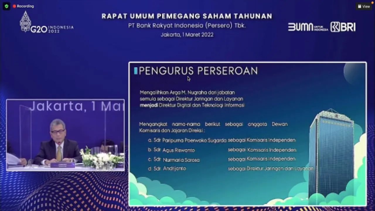 RUPST PT Bank Rakyat Indonesia Tbk (BBRI), Selasa (1/3/2022) (Foto: tangkapan layar/Pipit I.R)