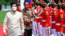 Presiden Indonesia Joko Widodo atau Jokowi (kanan) menyambut Presiden Filipina Ferdinand Marcos Jr (kiri) setibanya di Istana Kepresidenan Bogor, Bogor, Jawa Barat, Senin (5/9/2022). Setelah upacara penyambutan, Jokowi dan Ferdinand Marcos Jr saling memperkenalkan delegasi masing-masing dari kedua negara. (Adek Berry/ Pool Photo via AP)