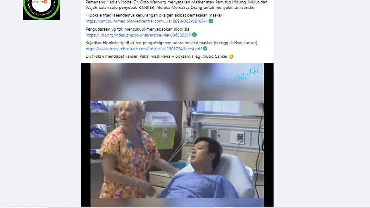 Tangkapan layar klaim gunakan masker menjadi salah satu penyebab kanker hingga hipoksemia
