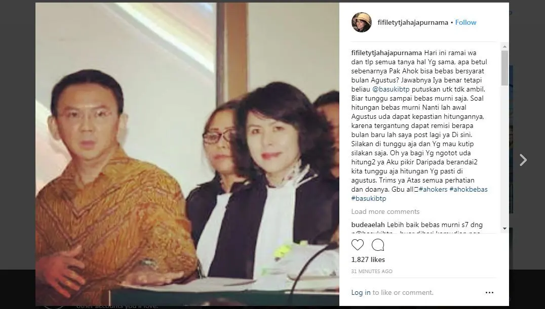 Adik Ahok, Fifi Lety Indra, mengunggah klarifikasinya soal mantan Gubernur DKI Jakarta itu dapat mengajukan permohonan bebas bersyarat pada Agustus 2018 di Instagramnya. (Instagram @fifiletytjahajapurnama)