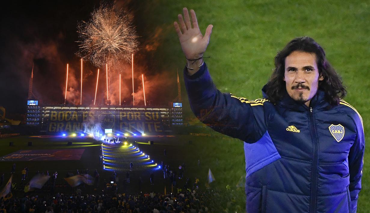 Bintang Uruguay, Edinson Cavani mendapatkan sambutan meriah dari klub barunya, Boca Juniors pada Senin (31/07/2023) waktu setempat. Stadion legendaris La Bombonera pun dipenuhi fans hingga melakukan pesta kembang api. Seperti diketahui, Cavani diboyong ke Boca Juniors dengan kontrak 18 bulan menyusul pemutusan kontraknya dengan klub La Liga, Valencia. (Foto Kolase: AFP/Luis Robayo dan AP Photo/Gustavo Garello)