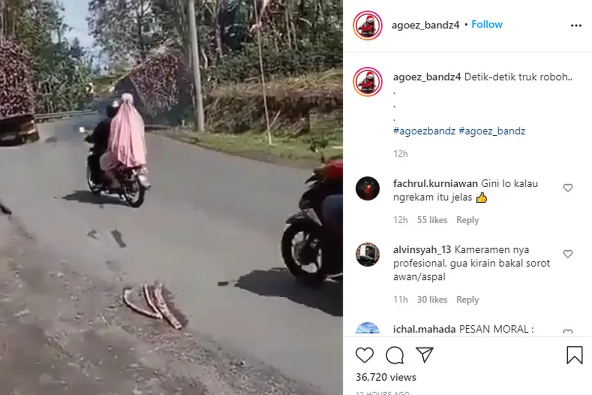Dilansir akun Instagram @agoez_bandz4, Minggu (6/9/2020), terlihat sebuah truk mengalami kecelakaan karena beban yang dibawa terlalu berat.