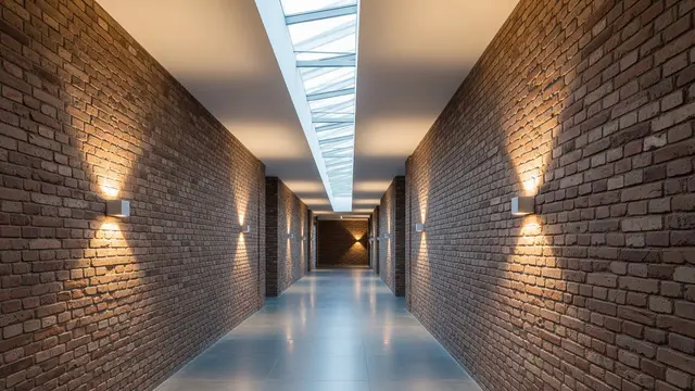 Lorong dengan Skylight Memanjang dan Dinding Bata Ekspos