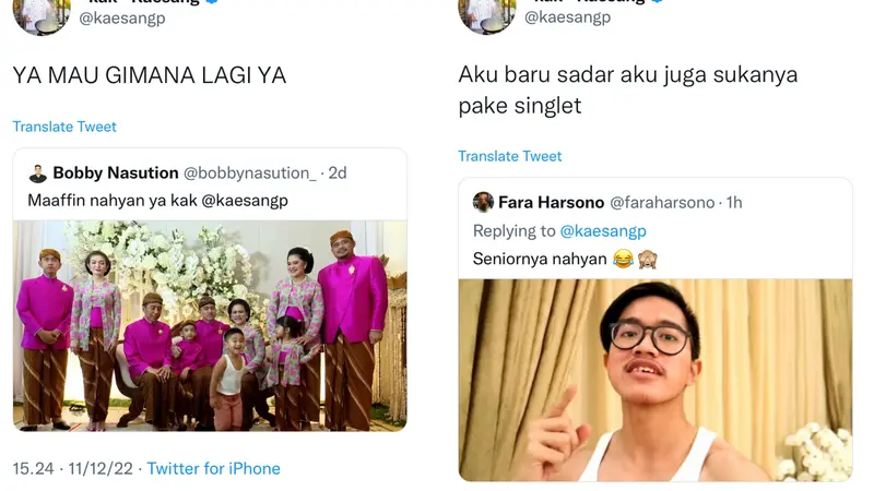 Cuitan Warganet yang Ingatkan Persamaan Kaesang dan Nahyan terkait Singlet Putih (Sumber: Twitter @kaesangp)