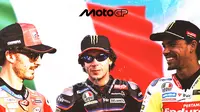 MotoGP - Ilustrasi Pecco Bagnaia, Marco Bezzecchi, Franco Morbidelli dan Bendera Italia (Bola.com/Adreanus Titus)