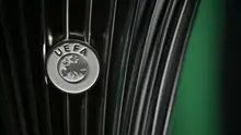 Foto ini menunjukkan logo UEFA yang ditampilkan pada UEFA Conference League menjelang pengundian babak 16 besar, perempat final, dan semifinal UEFA Conference League 2025/2026 di Gedung Sepak Bola Eropa di Nyon, Swiss bagian barat pada 27 Februari 2026. (Harold CUNNINGHAM/AFP)