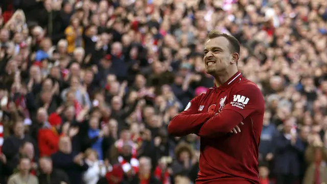Selebrasi Xherdan Shaqiri saat Liverpool kalahkan Fulham di Liga Inggris