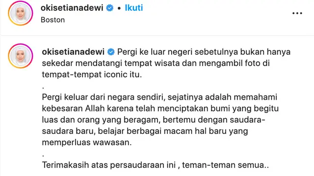 Unggahan Unggahan Oki Setiana Dewi. (Foto: Dok. Instagram @okisetianadewi)