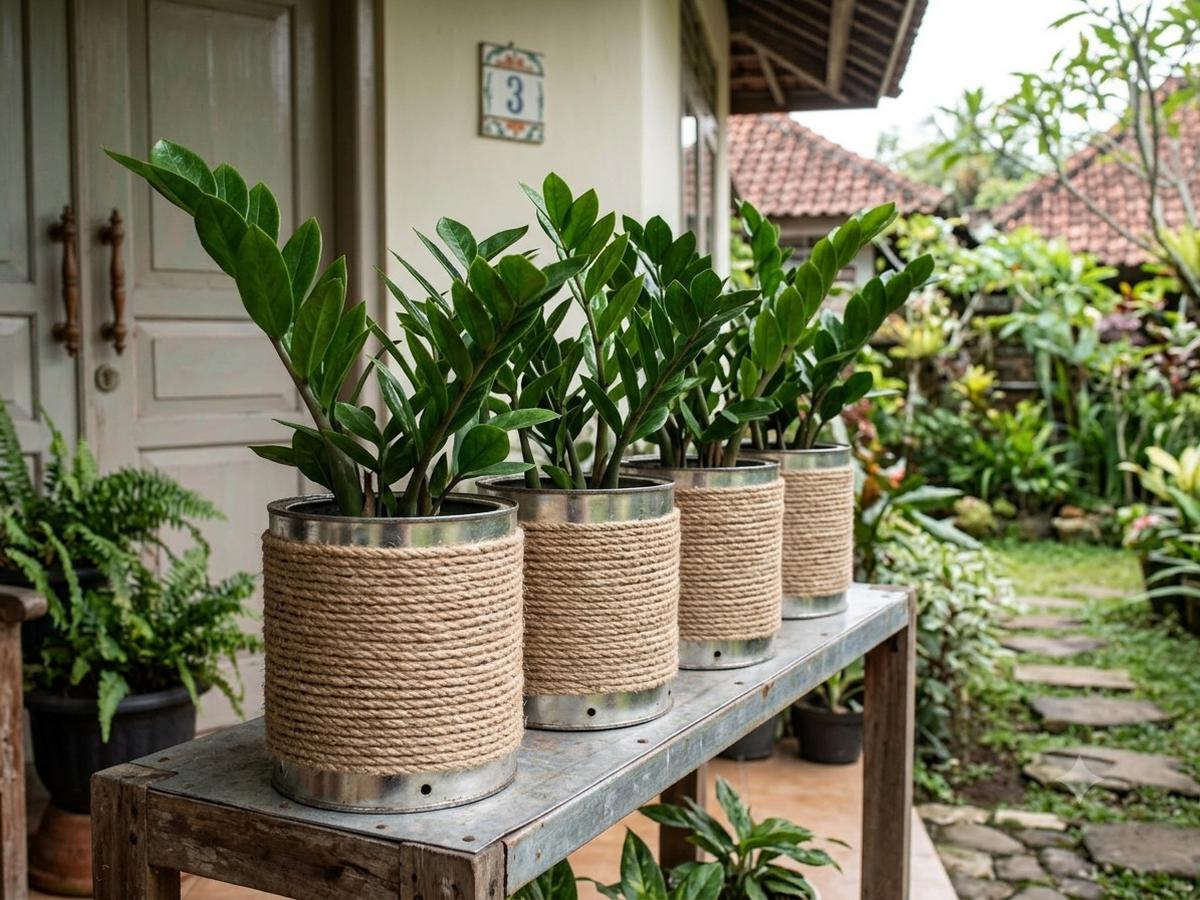 Ide Kaleng Susu Bekas Jadi Pot Tanaman Hias Model Berbalut Tali Rami untuk Tanaman ZZ