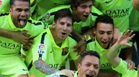 Lionel Messi rayakan gelar juara di Vicente Calderon (CESAR MANSO / AFP)