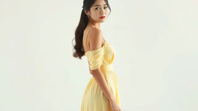 wanita dengan gaun kuning pastel