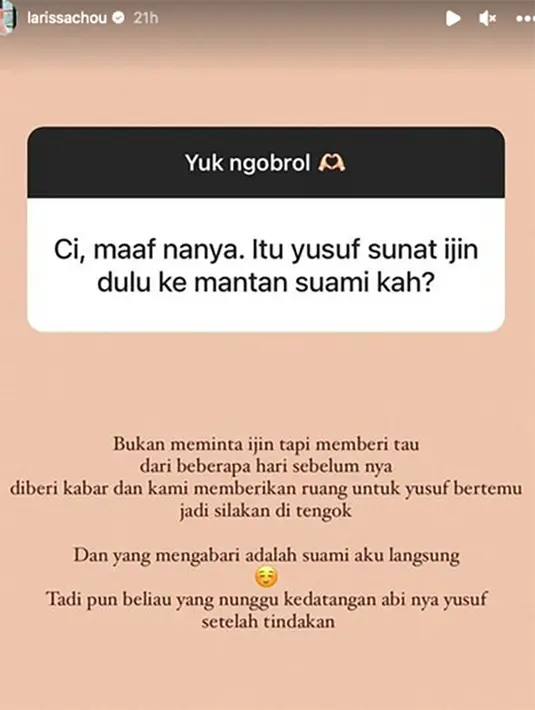 "Dan yang mengabari adalah suami aku langsung. Tadi pun beliau yang nunggu kedatangan abi nya yusuf setelah tindakan," tulis Larissa. [Instagram/larissachou]
