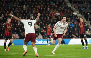 Perayaan gol Declan Rice di laga Bournemouth vs Arsenal di pekan ke-20 Liga Inggris 2025/2026 di Vitality Stadium, Minggu (04/01/2026) dini hari WIB. (AP Photo/Alastair Grant)