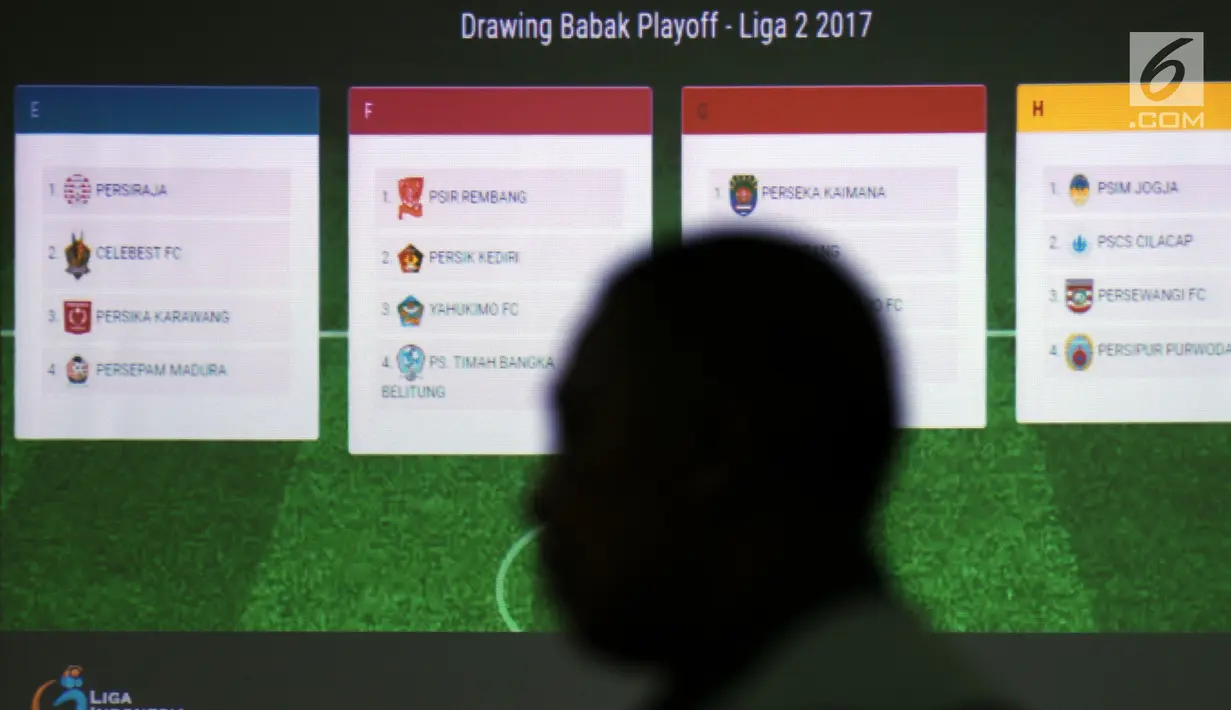 Perwakilan tim saat mengikuti pengundian babak play-off Liga 2 Indonesia di Jakarta, Senin (18/9). Babak play-off Liga 2 Indonesia akan digelar pada 8-17 Oktober 2017 di empat kota. (Liputan6.com/Helmi Fithriansyah)