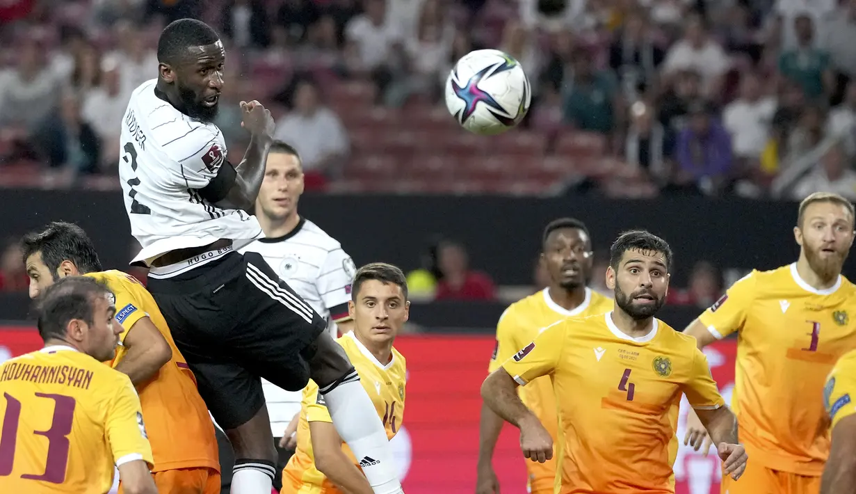pertandingan grup J Kualifikasi Piala Dunia 2022 di stadion Mercedes-Benz Arena di Stuttgart, Jerman, Senin (6/9/2021). Dengan kemenangan ini Jerman berada di puncak klasemen dengan poin 12. (AP Photo/Matthias Schrader)