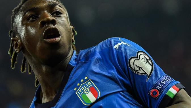 Moise Kean saat selebrasi gol untuk Timnas Italia lawan Finlandia pada kualifikasi Piala Eropa 2020, Minggu (24/3/2019) (AFP/Andreas Solaro)