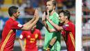 David Silva  merayakan gol bersama rekannya saat spanyol mengalahkan Liechtenstein 8-0 pada kualifikasi piala dunia 2018 di Reyno de Leon Stadium, Leon (6/9/2016) dini hari WIB. (EPA/J.L.Cereijido)