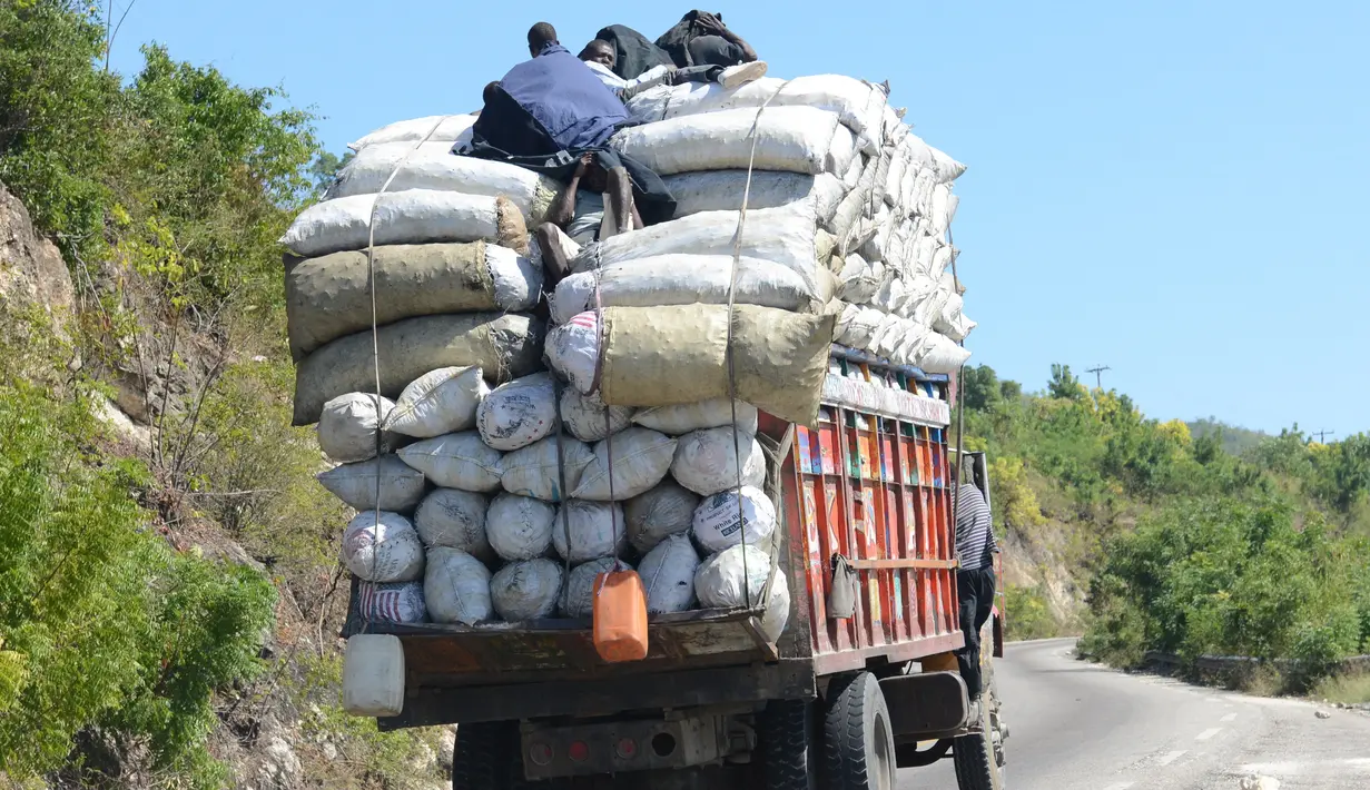 Sebuah Truk membawa karung berisi arang yang melebihi kapasitas di Port-au-Prince, Haiti, (25/1). Menteri Lingkungan Hidup Haiti akan membuat peraturan jaringan "hutan energi" yang menghasilkan kayu untuk arang dan kayu bakar. (AP/David McFadden)