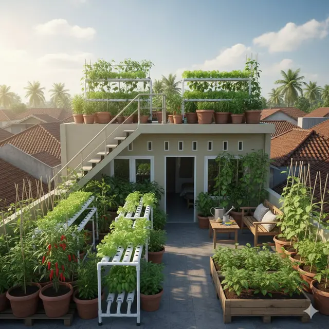 Rumah Kecil Sederhana dengan Akses Taman Rimbun di Rooftop (Gemini AI)