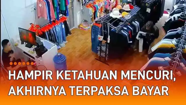 Peristiwa menggelikan terekam CCTV sebuah toko pakaian. Seorang pencuri berjaket mengendap-endap masuk toko dan mengambil beberapa dagangan. Hampir menggasak banyak pakaian, pencuri itu tertimpa apes akibat ulahnya.