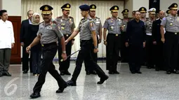 Kapolri Jenderal Badrodin Haiti saat menghadiri upacara kenaikan pangkat Kapolda Papua Brigjen Paulus Waterpauw di Rupatama Mabes Polri, Jakarta, Kamis (3/9/2015). Paulus mendapatkan kenaikan pangkat dari Brigjen ke Irjen. (Liputan6.com/Yoppy Renato)