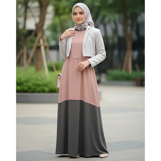 9 Model Gamis Two-Tone dengan Blazer Pendek, Modern dan Anggun di 2026