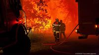 Petugas pemadam kebakaran memerangi api dekat Landiras, barat daya Prancis, 17 Juli 2022. Petugas pemadam kebakaran berjuang melawan kebakaran hutan yang berkobar di luar kendali di Prancis dan Spanyol ketika Eropa layu di bawah gelombang panas luar biasa ekstrem. (SDIS 33 via AP)