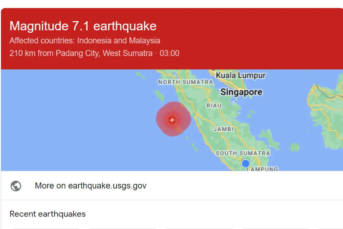 Badan Survei Geologi Amerika Serikat atau United States Geological Survey (USGS) mencatat gempa berkekuatan magnitudo 7.1 melanda Mentawai, Sumatera Barat, Indonesia (USGS).