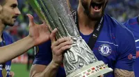 Olivier Giroud turut berkontribusi membawa Chelsea meraih kemenangan 4-1 atas Arsenal pada laga final Liga Europa, di Baku Olympic Stadium, Rabu (29/5/2019) malam waktu setempat. (AP Photo/Luca Bruno)