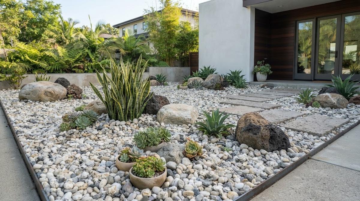 Taman Kering Minimalis dengan Batu Koral
