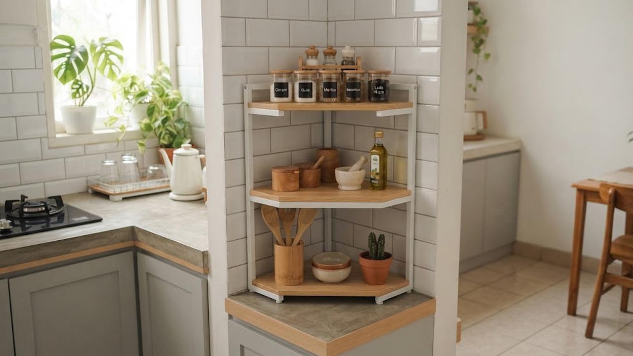 Tempat penyimpanan dapur minimalis modern yang cocok untuk rumah tipe kecil model rak sudut