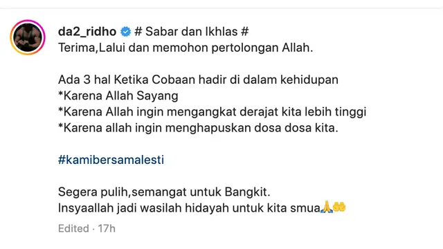 Unggahan Rizki DA soal Lesti Kejora. (Foto: Dok. Instagram @da2_rizki123)
