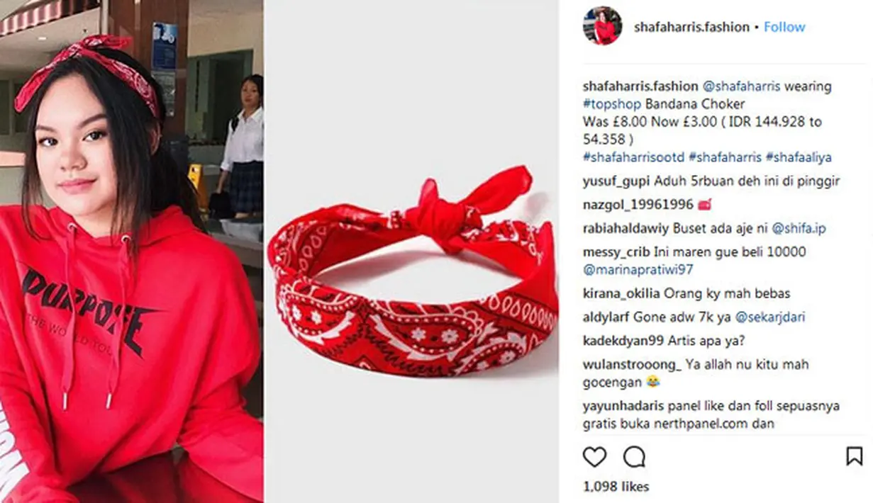 Seperti anak kekinian lainnya yang memadukan penampilannya dengan scarf. Shafa pun juga begitu, dengan hoodie merahnya, Shafa pun mengikatkan scarf berwarna merah di kepalanya. (Instagram/shafaharris.fashion)