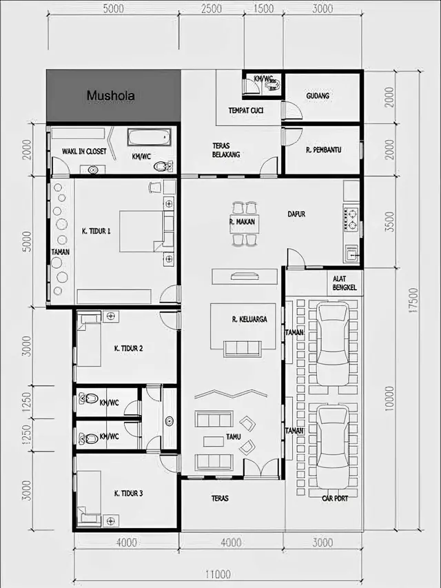 Desain Rumah 3 Kamar Tidur dan 1 Mushola Dilengkapi dengan Taman Belakang