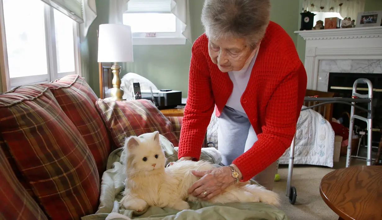 Mary Derr (93) mengambil robot kucing yang dipanggil "Buddy" di rumahnya, South Kingstown di Rhode Island, 1 Desember 2017. Robot kucing pendamping lansia ini dibanderol seharga USD 99.99 atau setara Rp 1,4 juta dengan tiga jenis bulu. (AP/Stephan Savoia)