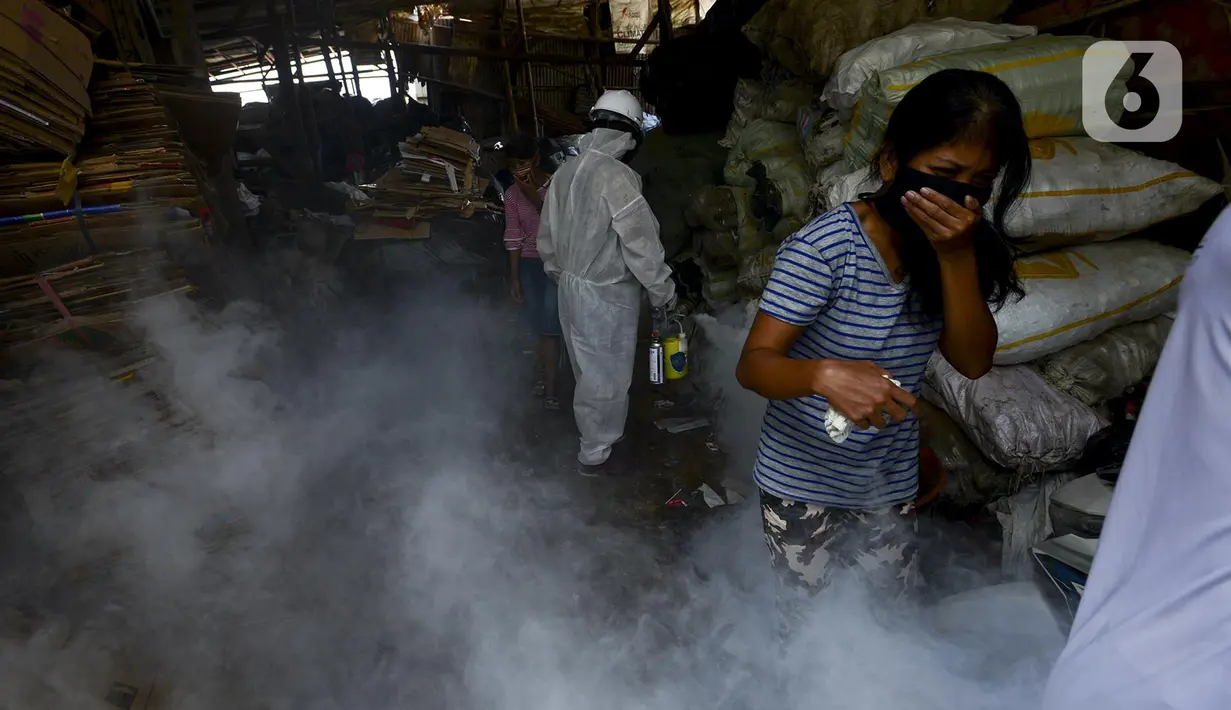 Petugas melakukan fogging nyamuk demam berdarah dengue (DBD) di kampung pemulung Pancoran, Jakarta, Rabu (22/2/2020). Pemerintah mengimbau warga mengantisipasi penyebaran DBD saat musim pancaroba pada April hingga Mei lantaran saat ini terjadi pandemi virus corona COVID-19. (merdeka.com/Imam Buhori)