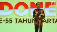 Presiden Joko Widodo memberi sambutan dalam peringatan HUT ke-55 Partai Golkar di Jakarta, Rabu (6/11/2019). HUT ke-55 Partai Golkar mengangkat tema '55 Tahun Partai Golkar Bersatu untuk Negeri Berkarya untuk Bangsa'. (Liputan6.com/JohanTallo)