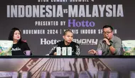 Senior Vice President Content Vidio, Eva Stephanie Kurnia (kiri), CEO Byon Combat,&nbsp;Yoshua Marcellos atau yang akrab disapa Cellos (tengah), dan CEO&nbsp;VIP Emtek, Indra&nbsp;Yudhistira (kanan) dalam sesi konfrensi pers&nbsp;Byon Combat Showbiz Vol. 4 di SCTV Tower, Jakarta, Senin (28/10/2024) siang WIB. Rencananya,&nbsp;Byon Combat Showbiz Vol. 4 bakal berlangsung di Tennis Indoor Senayan, Jakarta, 30 November mendatang. (Bola.com/Bagaskara Lazuardi)