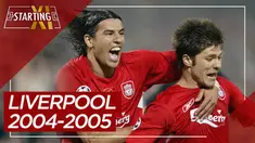 Berita motion grafis starting XI Liverpool saat kalahkan AC Milan di final Liga Champions 2004-2005.