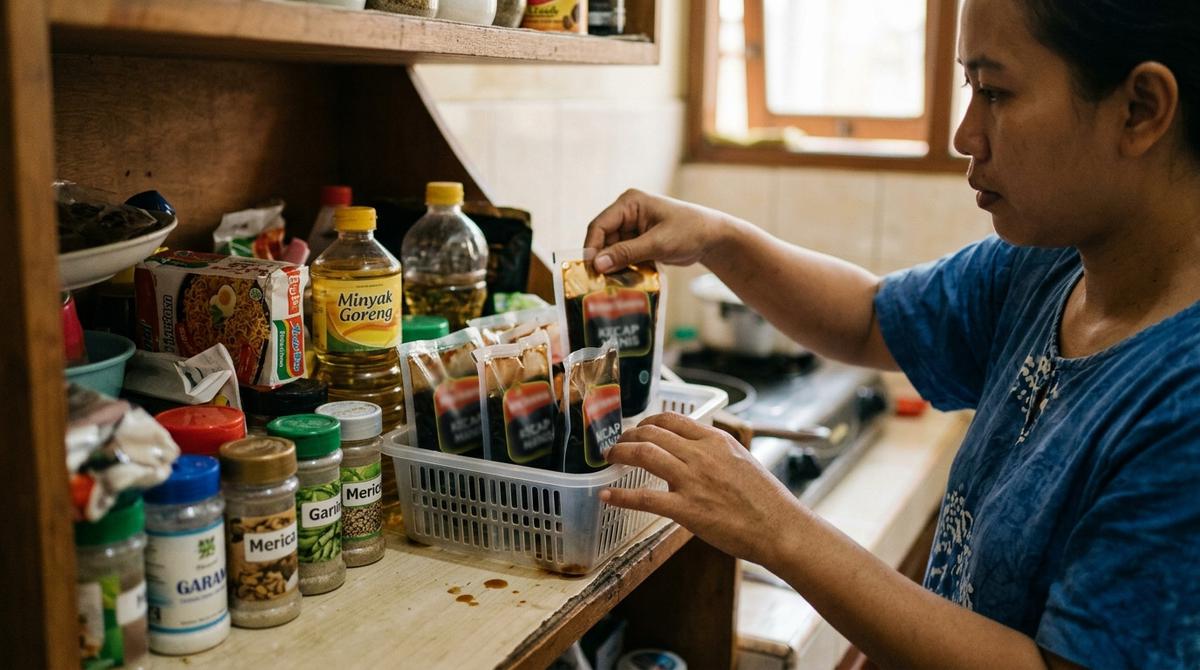 Trik Sederhana Menyimpan Kecap Kemasan Plastik agar Tidak Tumpah Meski Rak Dapur Penuh (AI Generated)