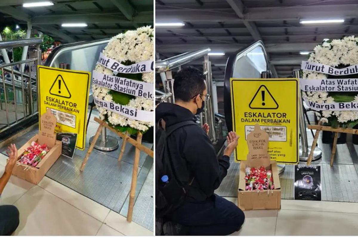 Eskalator Stasiun Bekasi Tak Berfungsi 100 Hari, Warga Protes dengan Karangan Bunga dan Replika Kuburan
